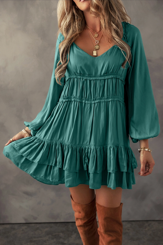 Northern Bell Tiered Ruffle Puff Sleeve Loose Fit Mini Dress